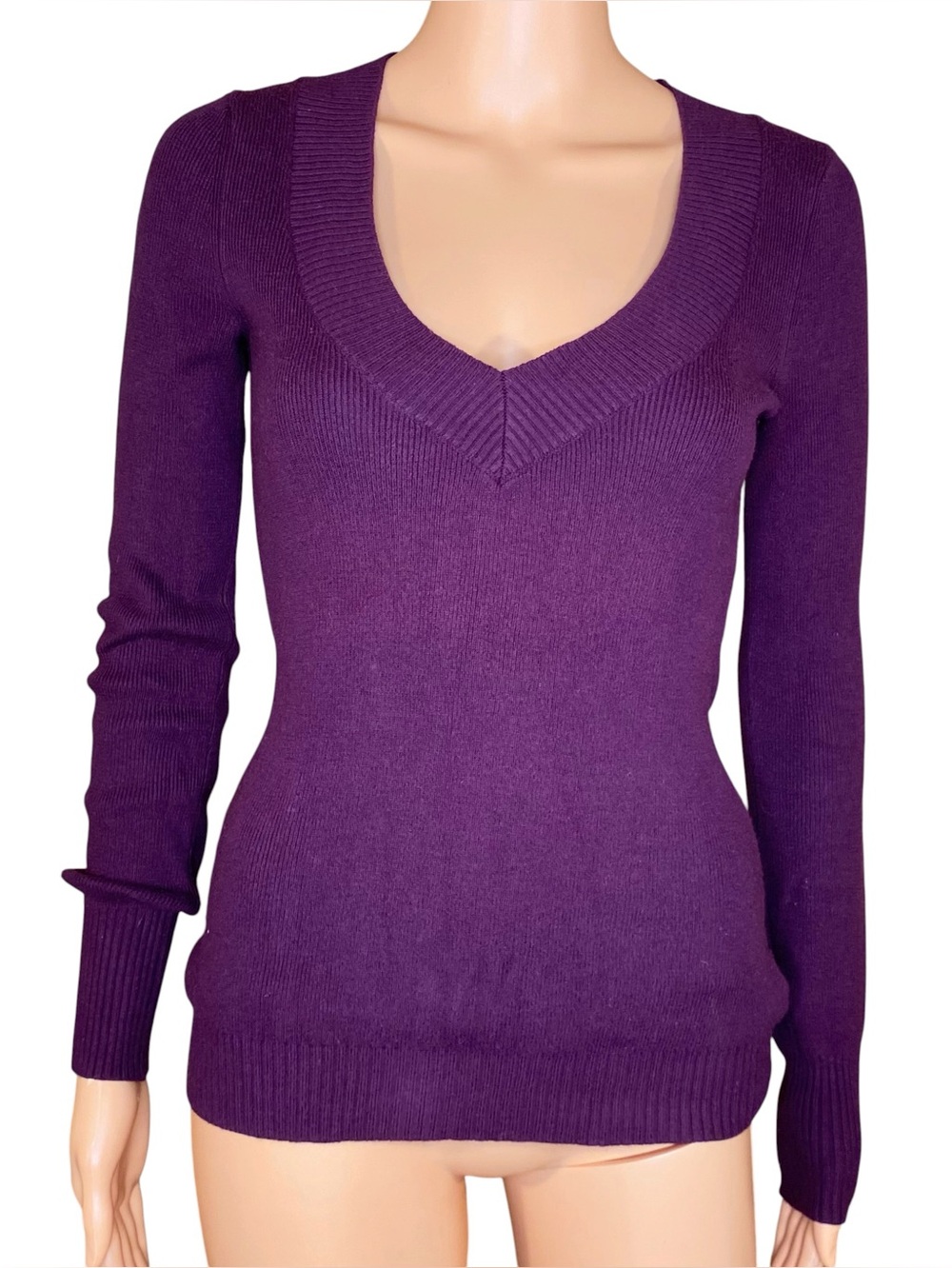 Express Deep Purple Sweater Soft Lightweight Knit V Neckline Long Sleeve SZ SM